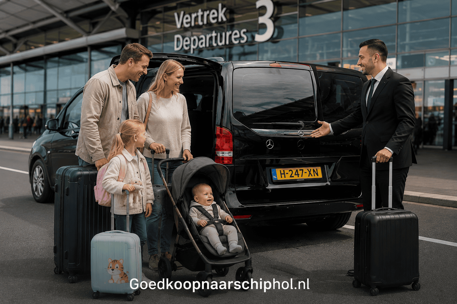 Gezin met kinderen bij Vertrek 3 op Amsterdam Airport Schiphol