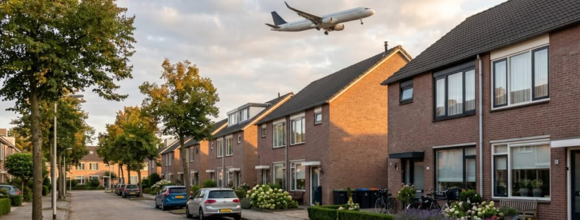 buitenaanzicht van een woonwijk onder een vliegroute